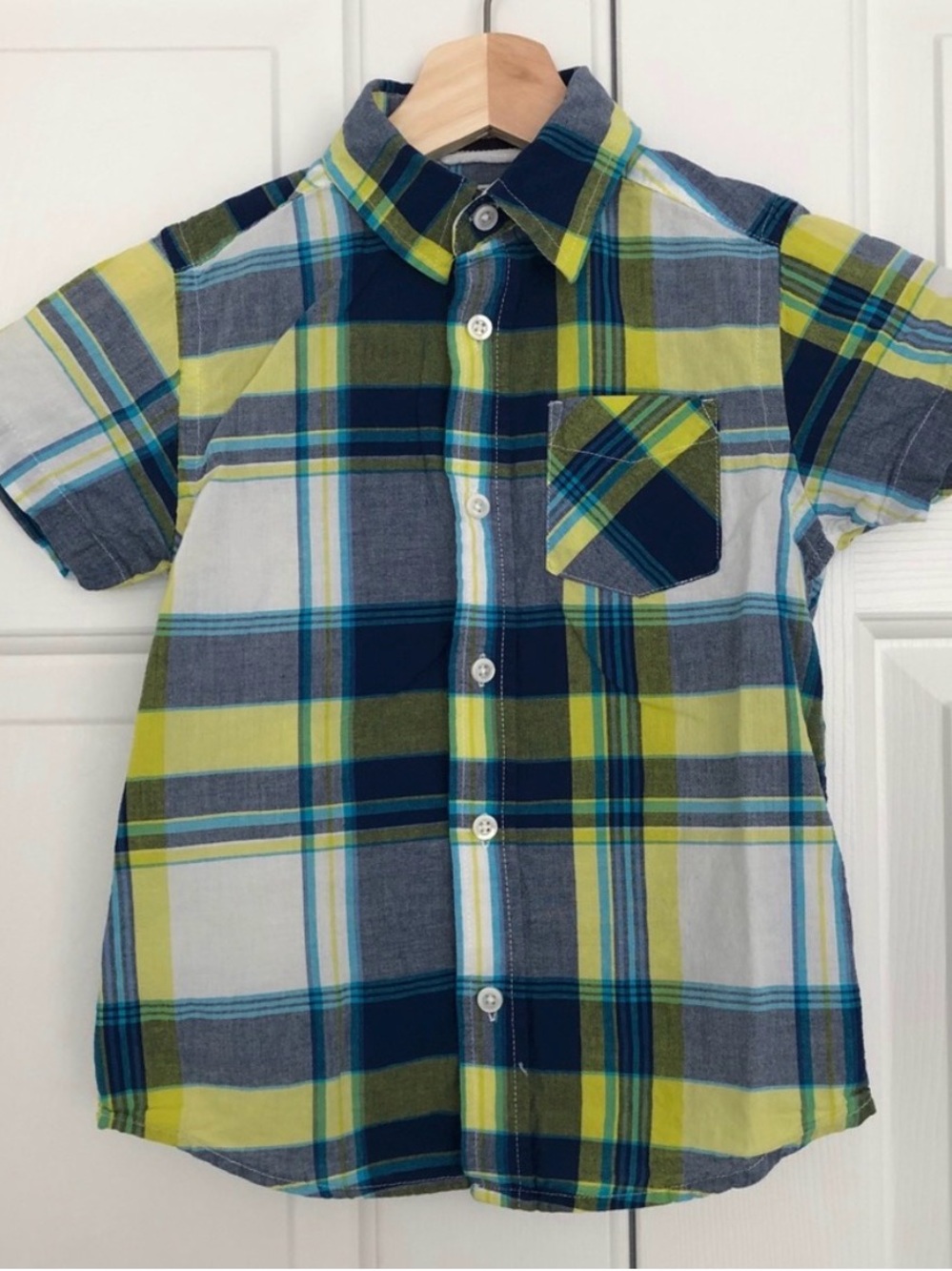 The Children’s Place Boys Plaid Button Front Shirt Size 4 Blue Green Yellow